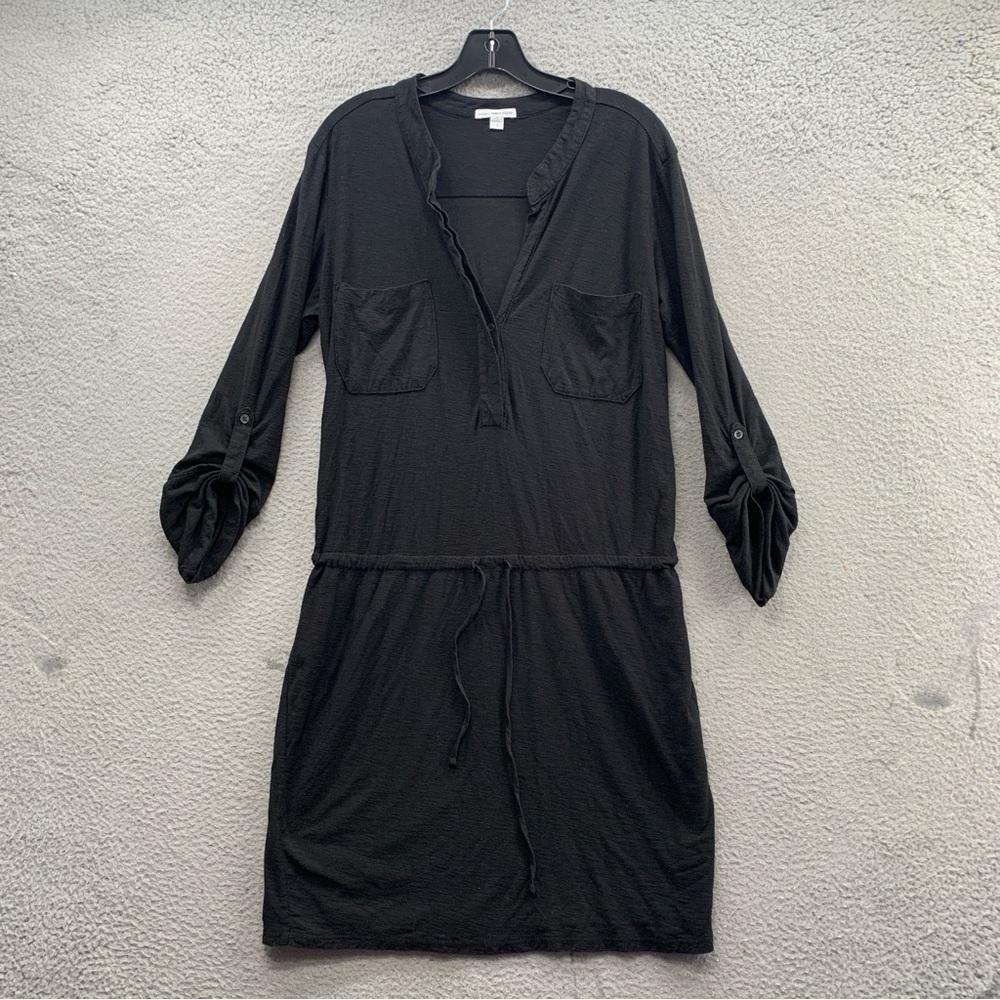 James Perse Black Long Roll Tab Sleeve Cinched Tie Waist Dress Size 3 Large
